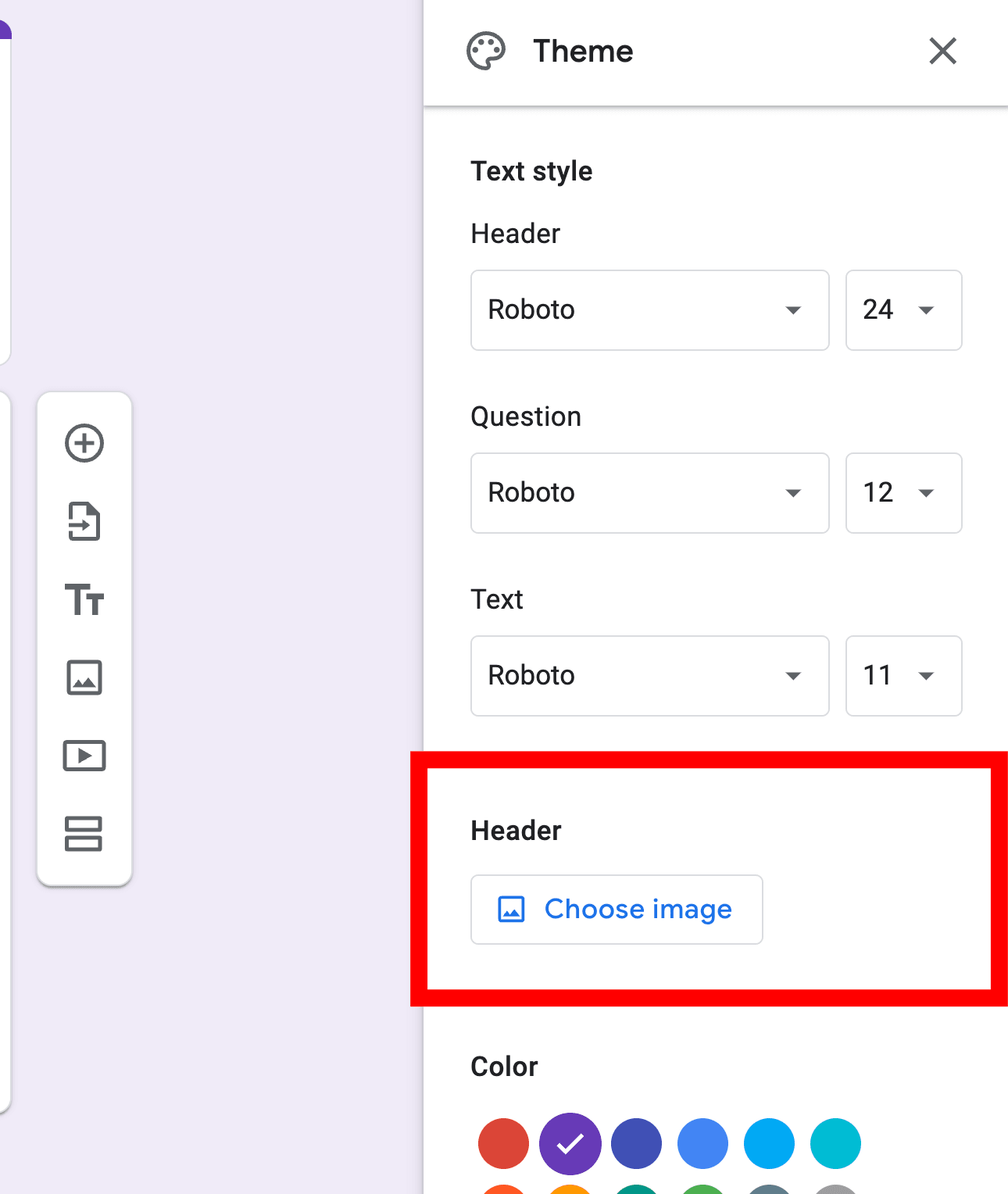 Red frame box highlighting the header image edit options of a Google Form.