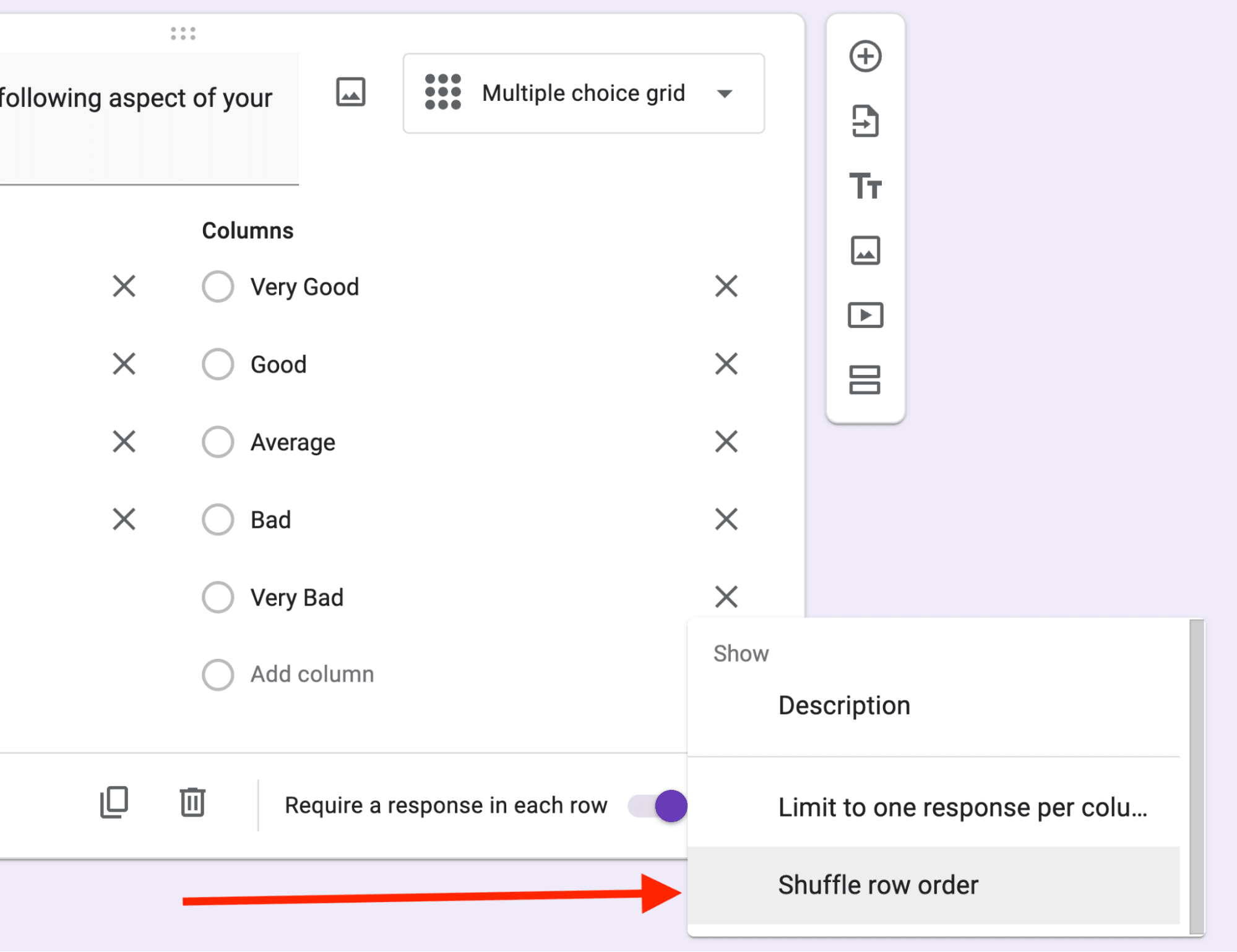  Red arrow pointing towards the “Shuffle row order” option from the three-dot menu.