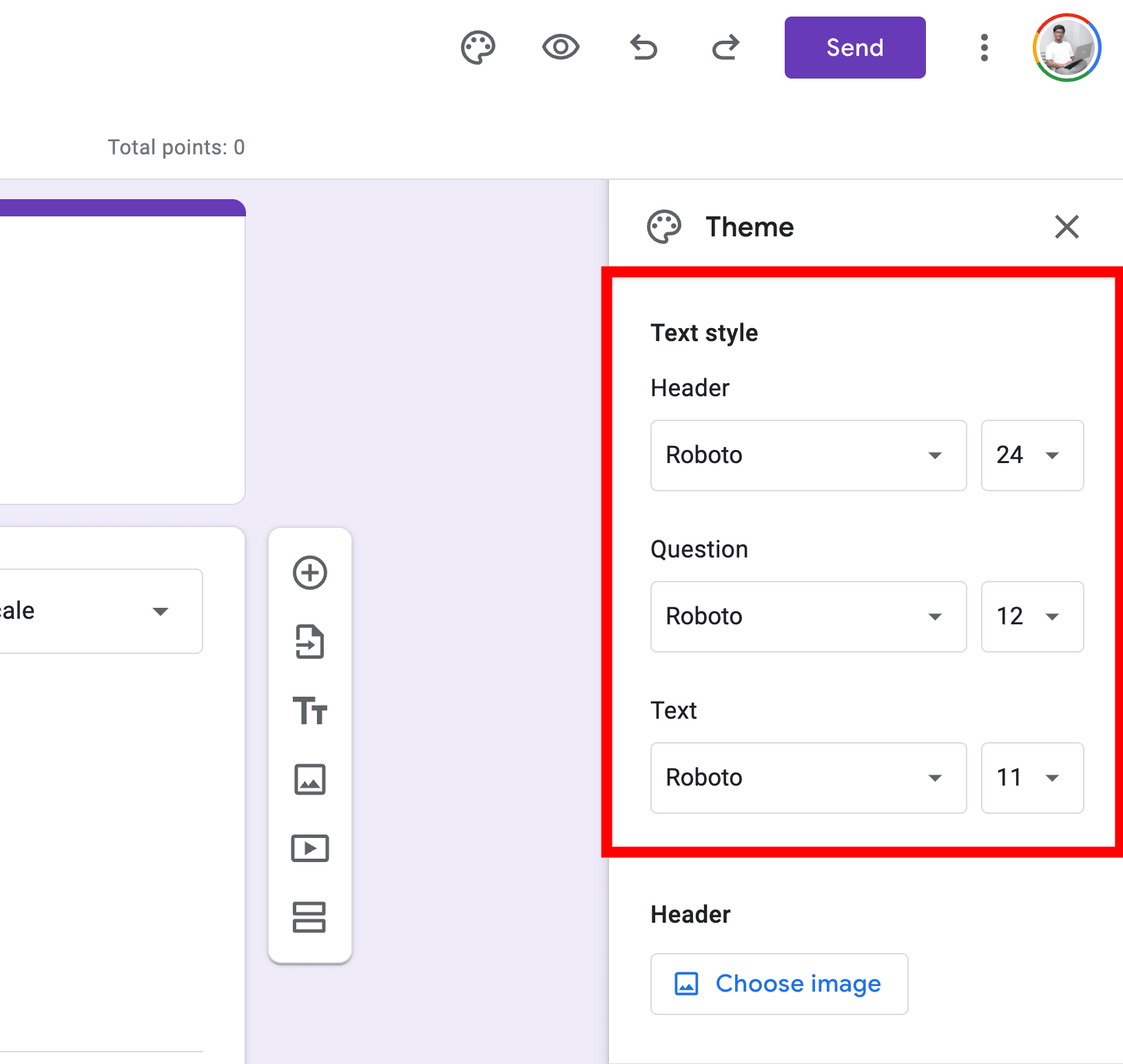 Red frame box highlighting the text edit options of a Google Form.