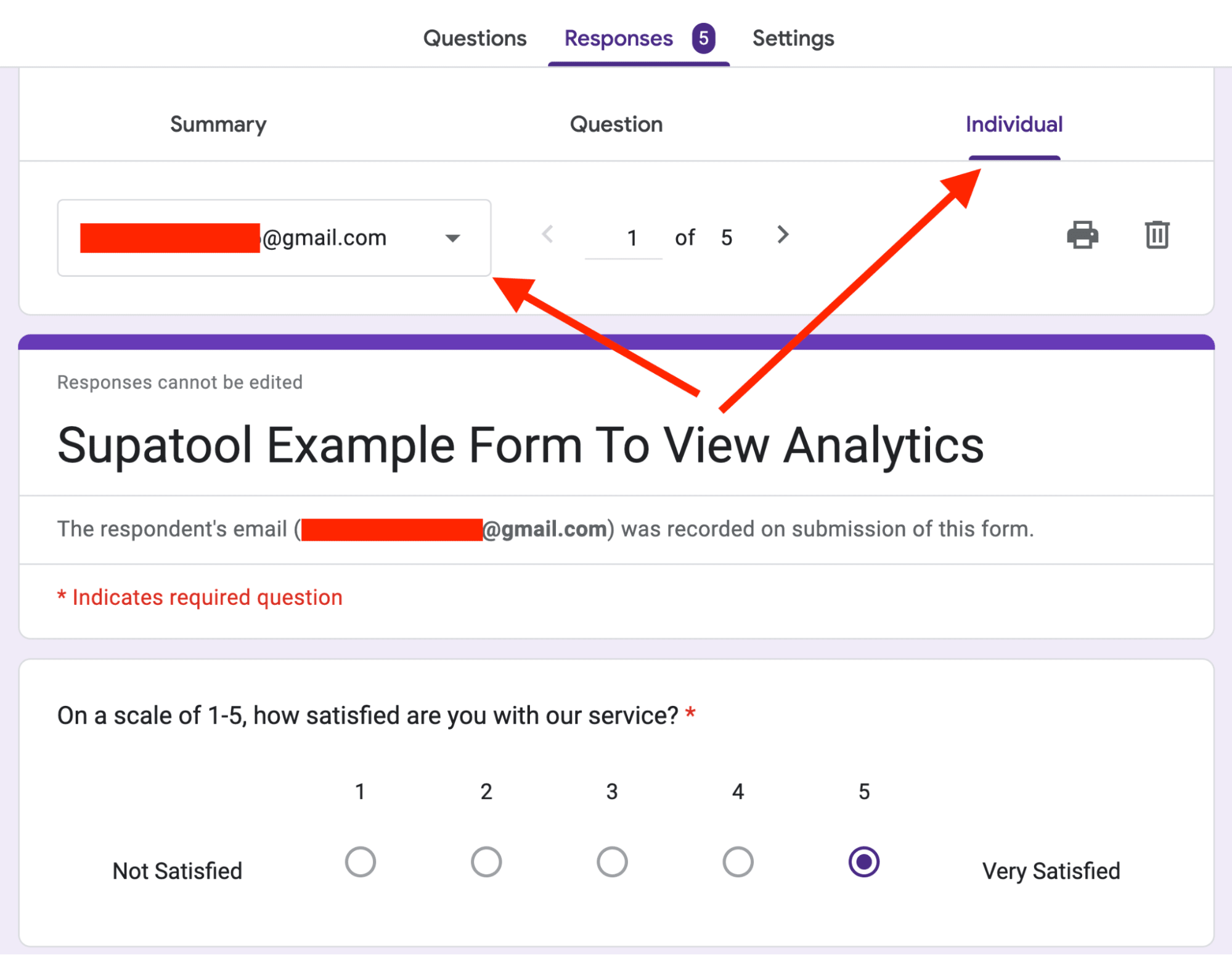 A red arrow pointing to the individual tab and another red arrow pointing to the email list dropdown.