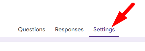 red arrow pointing to ‘Settings’ tab in google form