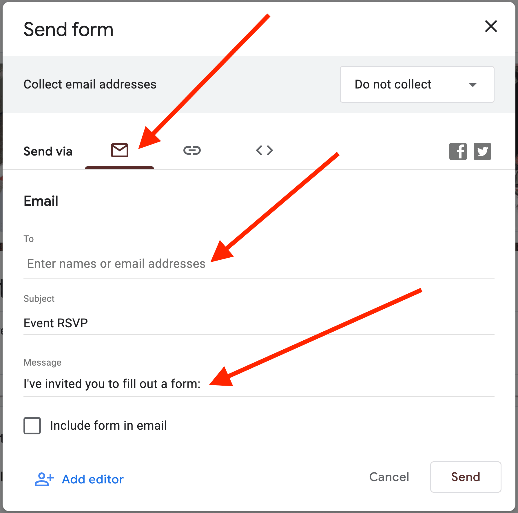 Three red arrowpointing towards email icon, email field, and email message box.