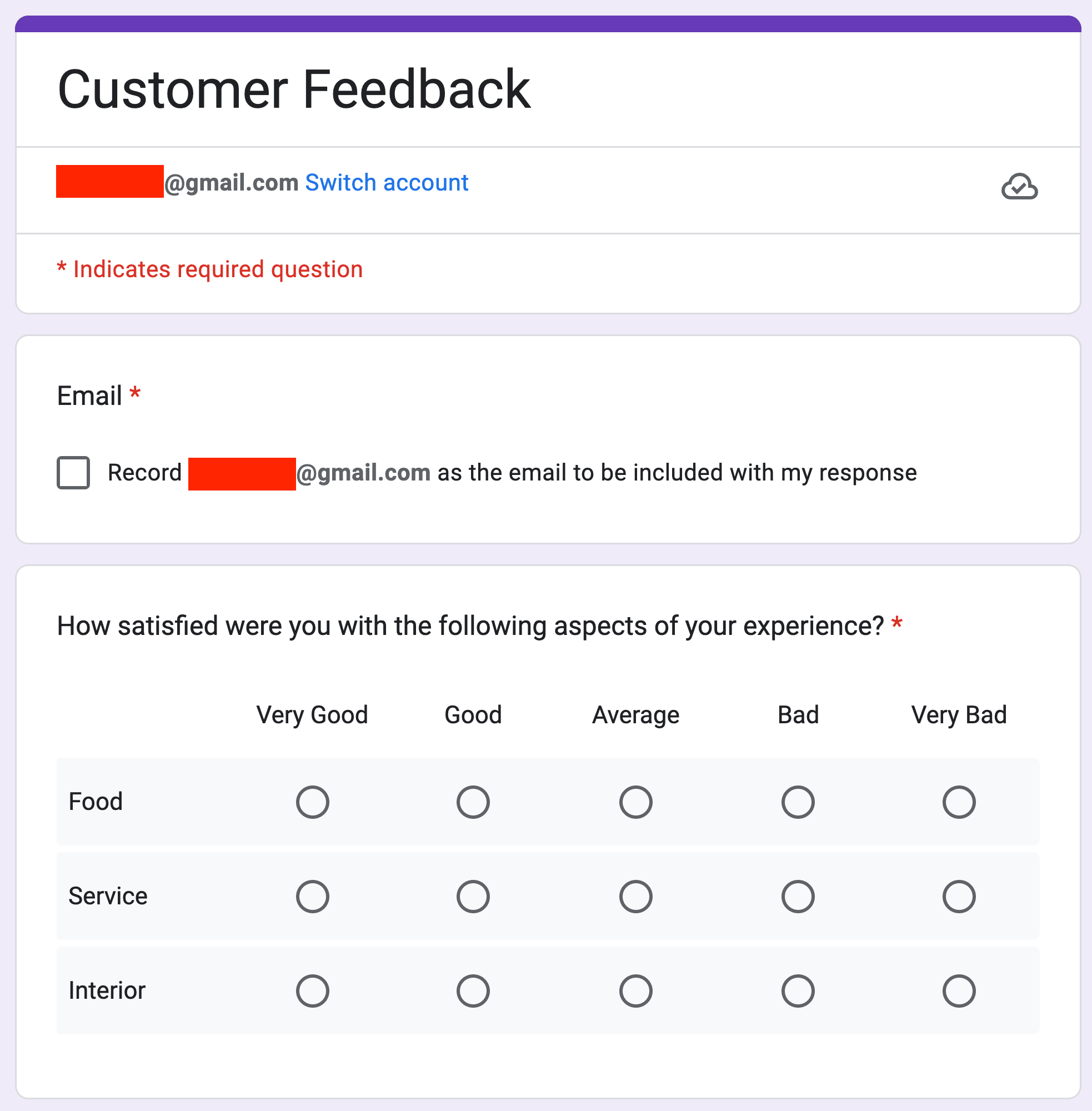 Preview of a Google Form with a Multiple Choice Grid question.