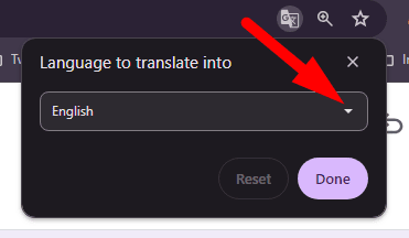 red arrow pointing to dropdown arrow to choose language