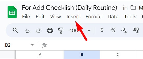 red arrow pointing to Insert option in google sheet top navigation menu