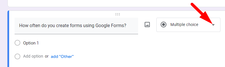 red arrow pointing to type of question dropdown arrow