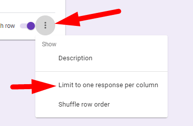 two red arrow respectively pointing to three dots and limit to one response per column