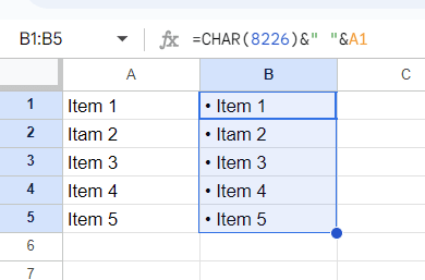 bullet point added before the values from cell B1 to cell B5