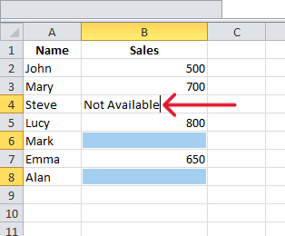 red arrow pointing to "Not Available" in a cell