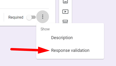 red arrow pointing to "Response validation" in a menu 