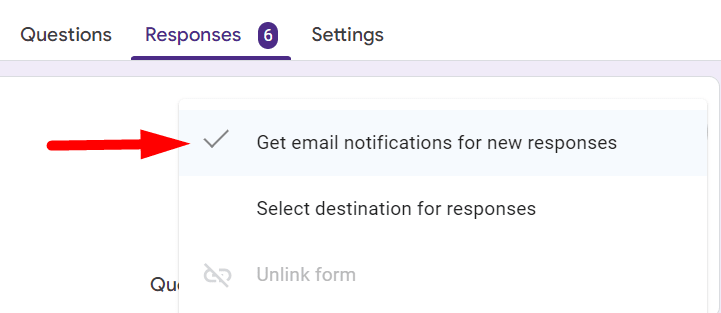 red arrow pointing to tick with "Get email notifications for new responses"