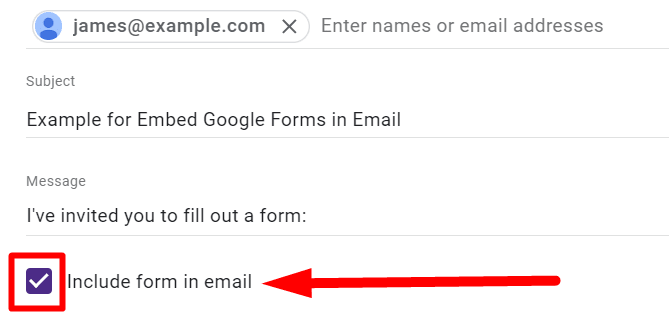 red arrow pointing to “Include form in email” when it checked