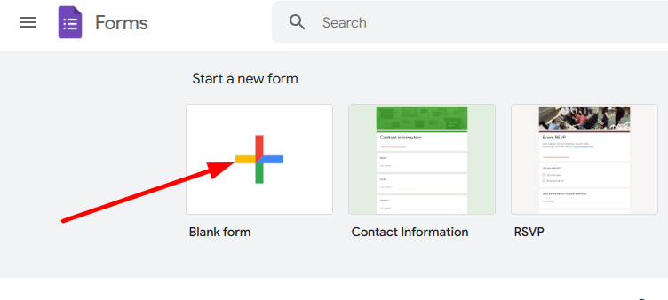 red arrow pointing to the blank form icon in google form