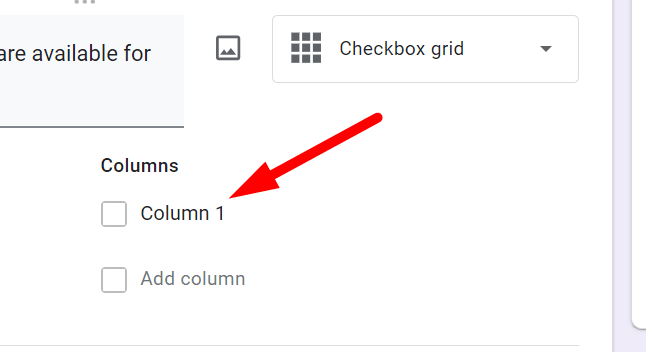 red arrow pointing to “Column 1” box for adding checkbox grid options