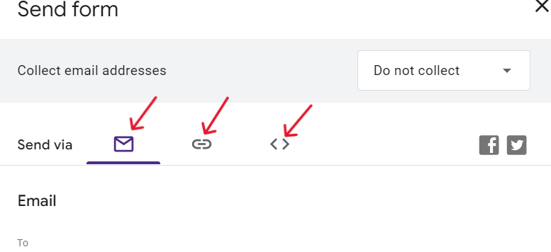 three red arrows respectively pointing to email icon, link icon and website icon