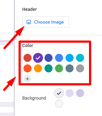 red arrow pointing to choose header image and another red arrow pointing to color sets