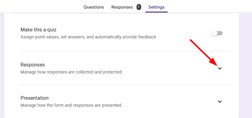 red arrow pointing to the drop down arrow right to the ‘Responses’ in a google form