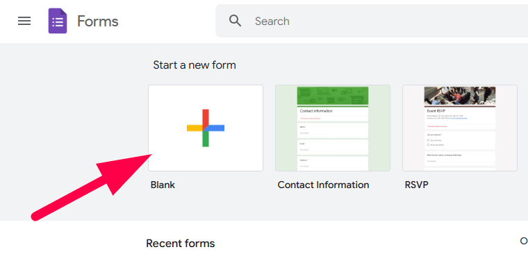 Red arrow pointing towards the “blank” button of Google Forms.