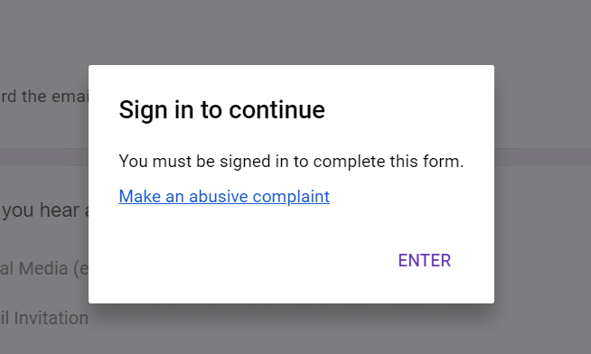 screenshot of a pop-up which is asking to sign in to continue