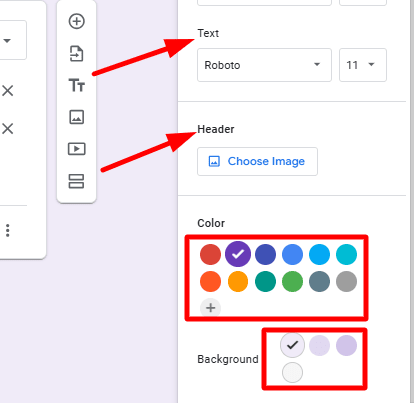 two red arrow respectively pointing to text and header and two rectangle respectively highlight color and background color in the theme of google form