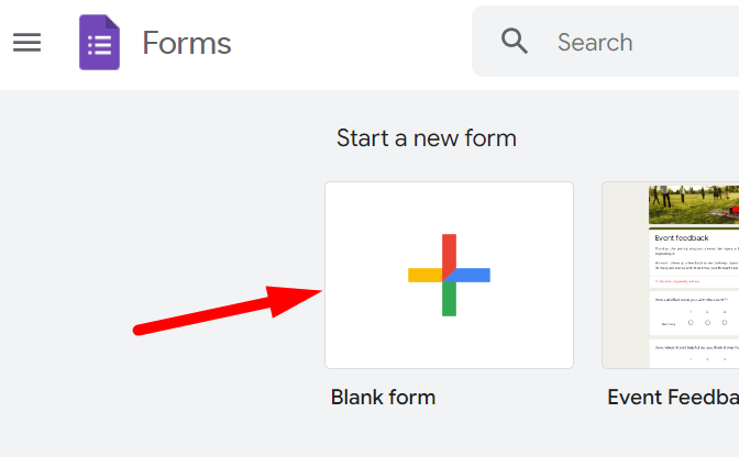 red arrow pointing to ‘Blank’ template in google forms