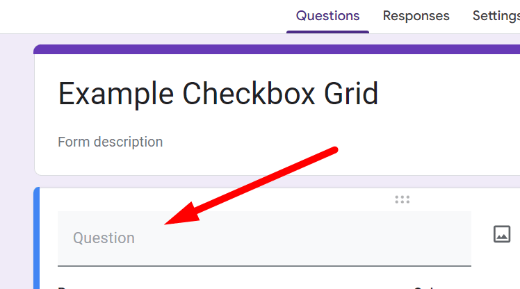 red arrow pointing to ‘Question’ field in google form