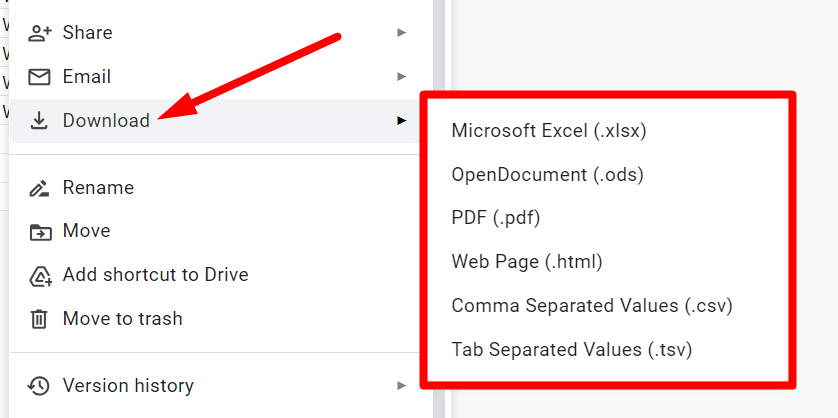 red arrow pointing to ‘Download’ and a red rectangle highlights the download options