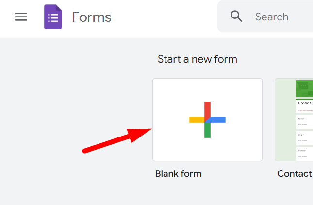 red arrow pointing to ‘Blank’ template in google forms