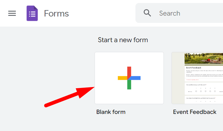 red arrow pointing to ‘Blank’ template in google forms