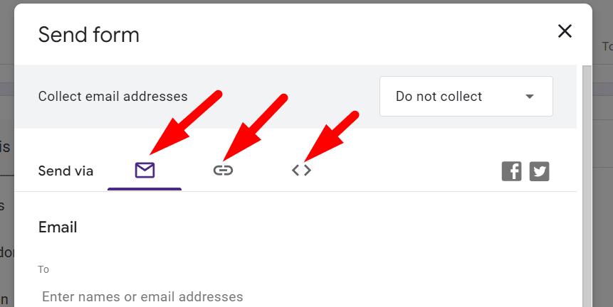 three red arrow respectively pointing to the email icon, link icon, and embed in website icon in a google form