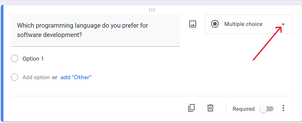 red arrow pointing to type of question dropdown arrow