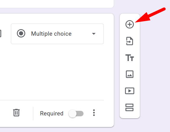 red arrow pointing to the add question icon in a google form