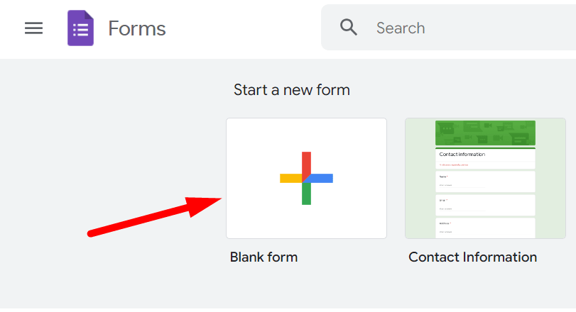 red arrow pointing to ‘Blank’ template in google forms