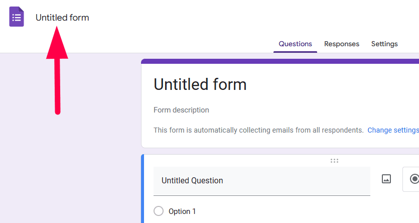 Red arrow pointing towards the “untitled form” box.