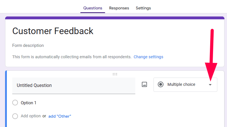 Red arrow pointing towards the dropdown arrow of dropdown menu inside the question box.