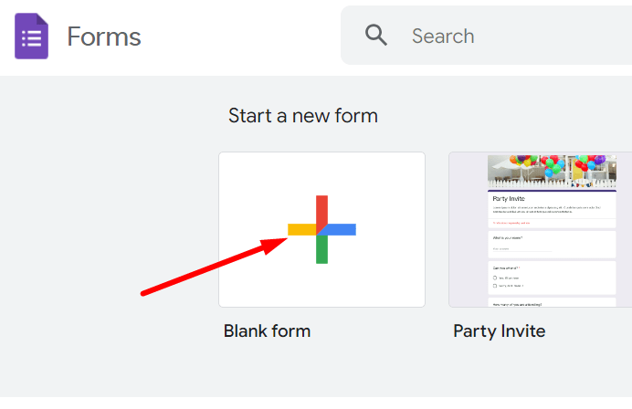 red arrow pointing to blank template in google forms