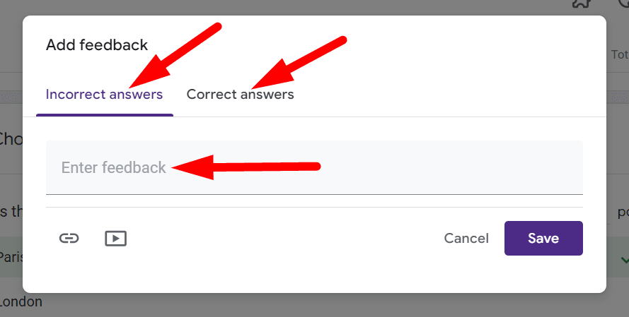 red arrow pointing to “Incorrect answers”, “Correct answers” and “Enter feedback”
