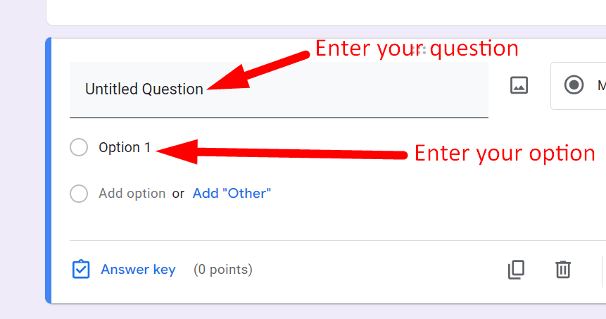 red arrow pointing to “Untitled Question” and “Option 1”