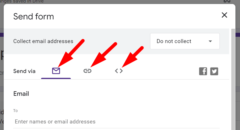 three red arrow respectively pointing to the email icon, link icon, and embed in website icon in a google form