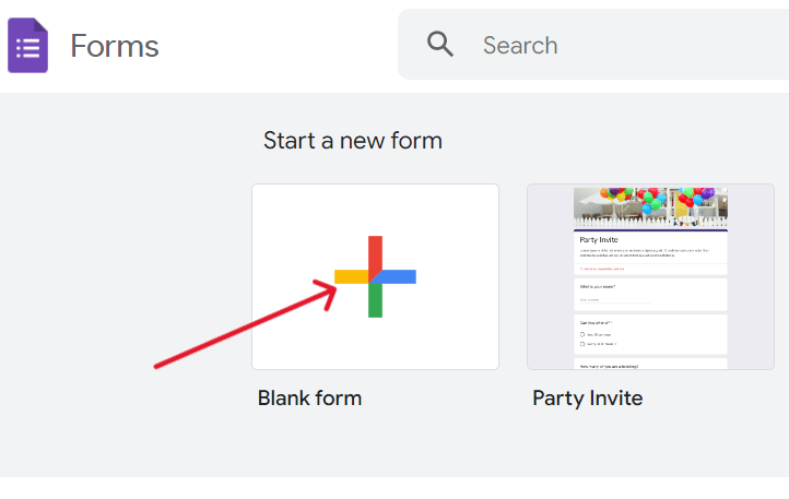 red arrow pointing to ‘Blank’ template in google forms