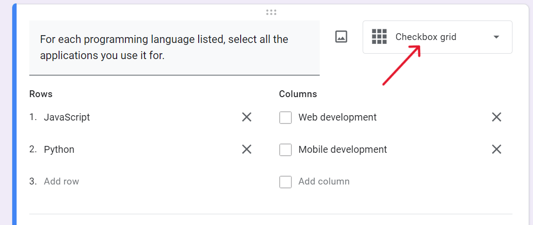 red arrow pointing to checkbox grid in question type