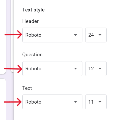 three red arrows respectively pointing to header, question and text font