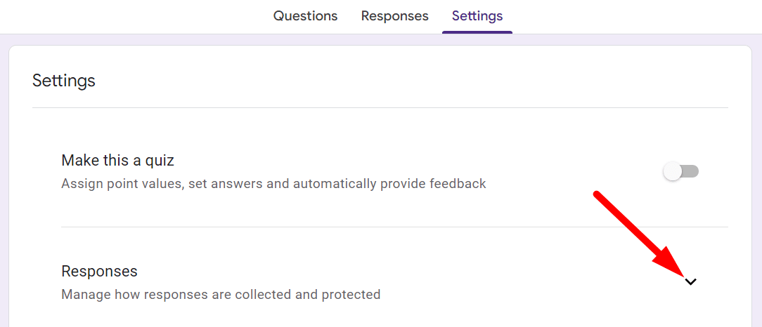 red arrow pointing to the drop down arrow right to the ‘Responses’ in a google form