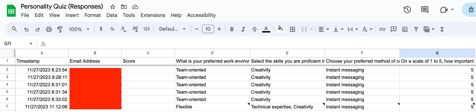 Google sheet containing the responses of a personality quiz form.