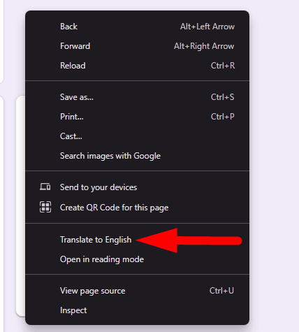 red arrow pointing to “Translate to English” in context menu