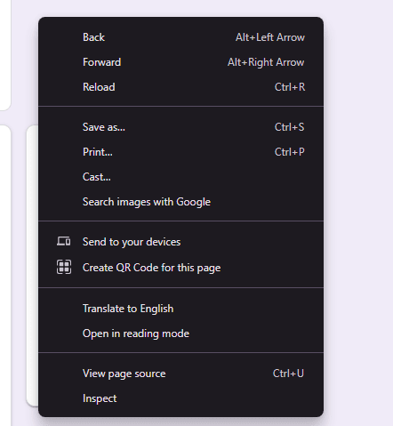 context menu with various options