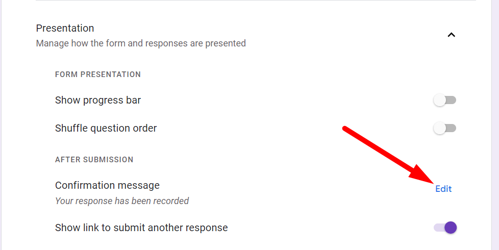 red arrow pointing to confirmation message edit button in Presentation tab