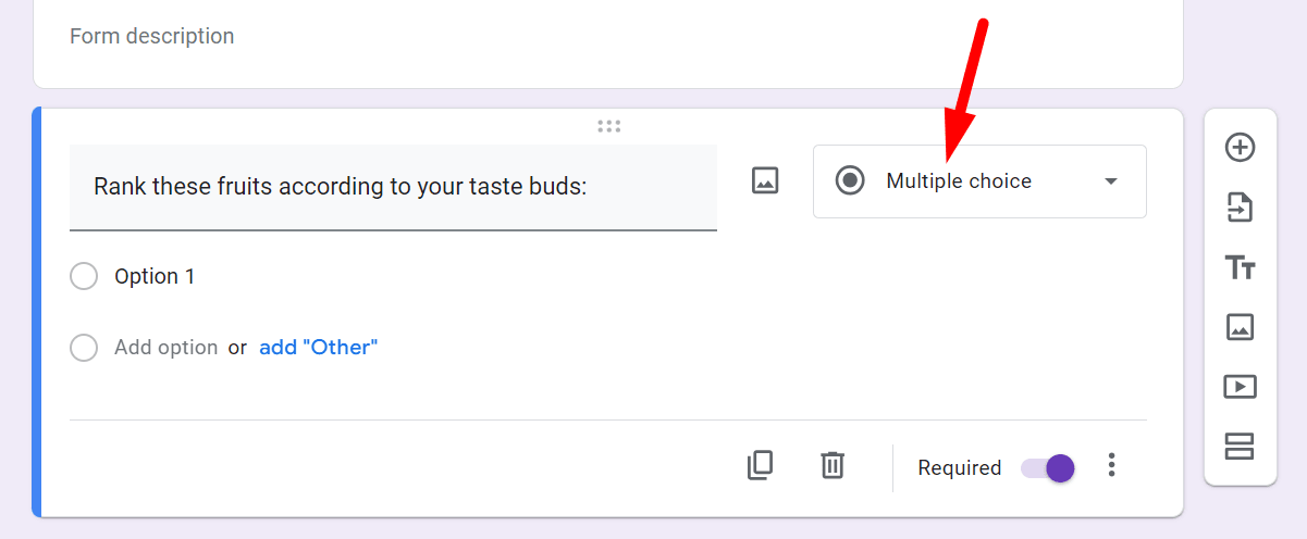 red arrow pointing to the multiple choice in a google form