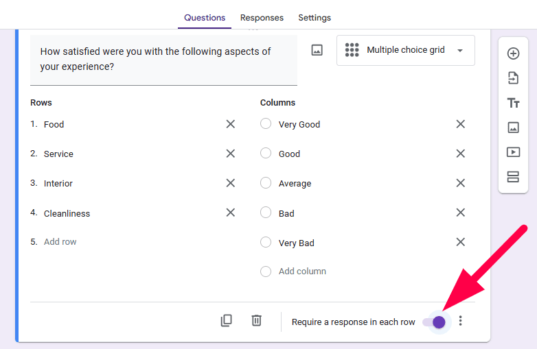 Red arrow pointing towards the “Require a response in each row” toggle button.