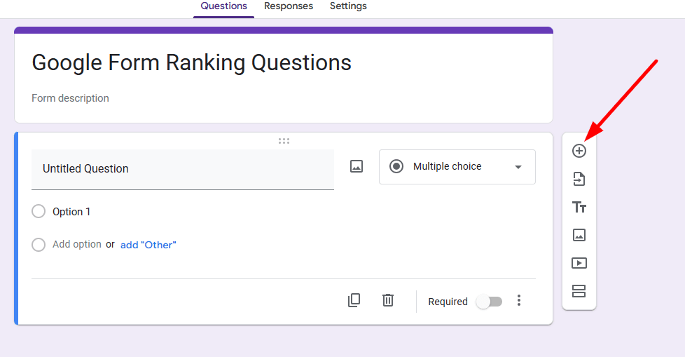 red arrow pointing to the add question icon in a google form